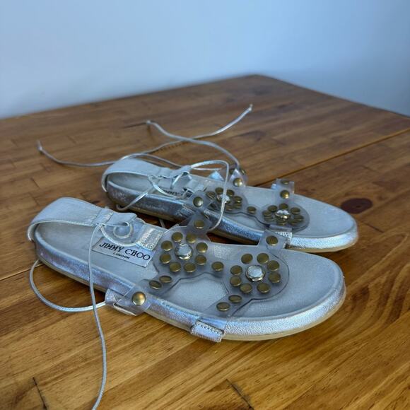Jimmy Choo Silver Leather Jeweled Gladiator Wrap Around Flat Sandals Size 37 - Picture 1 of 4